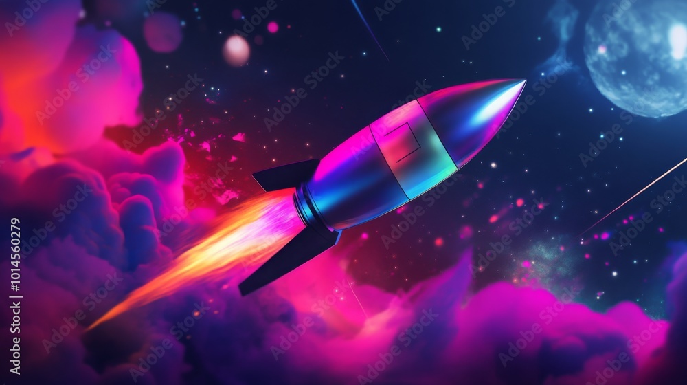 Poster a rocket takes off, leaving a trail of fiery colors as it shoots through a vivid expanse of clouds a