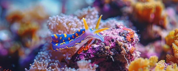 Colorful nudibranch crawling on a vibrant coral reef, 4K hyperrealistic photo