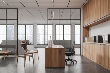 Modern office interior with consulting and coworking space, panoramic window