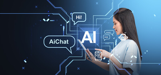 Woman using AI chat interface on a digital tablet..