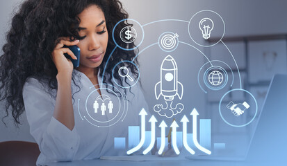 African businesswoman call on the phone, startup rocket hologram and icons