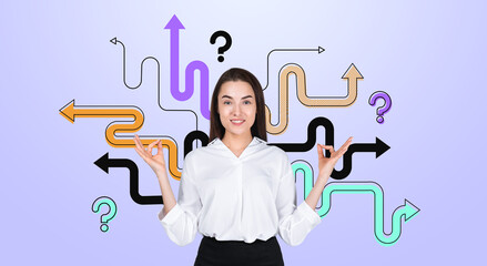 Woman smiling with colorful arrows and question marks on purple
