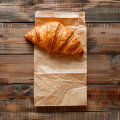 paper bag with croissant on wooden background top view mockup space for logo