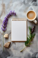 A top-down view of a flatlay with a cup of coffee, lavender flowers, and an open spiral notepad placed on a textured surface, evoking a calm and creative morning atmosphere
