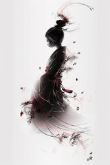 Fototapeta premium Minimalist Sumi-e ink painting of a female silhouette, crafted with elegant, flowing lines in a Zen calligraphy style. Perfect for art prints, interior decor, branding, and meditation spaces