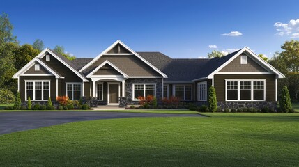 Architectural rendering of a home with olive accents, traditional style, dark basalt and cypress details, spacious windows, snow white roof trim, a stamped asphalt driveway, and vibrant green grass