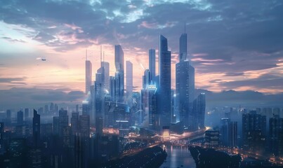 Obraz premium Futuristic urban skyline at dusk, 4K hyperrealistic photo