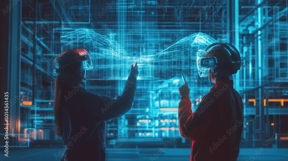 Poster Two Workers Interacting with a Digital Holographic Interface in an Industrial Setting
