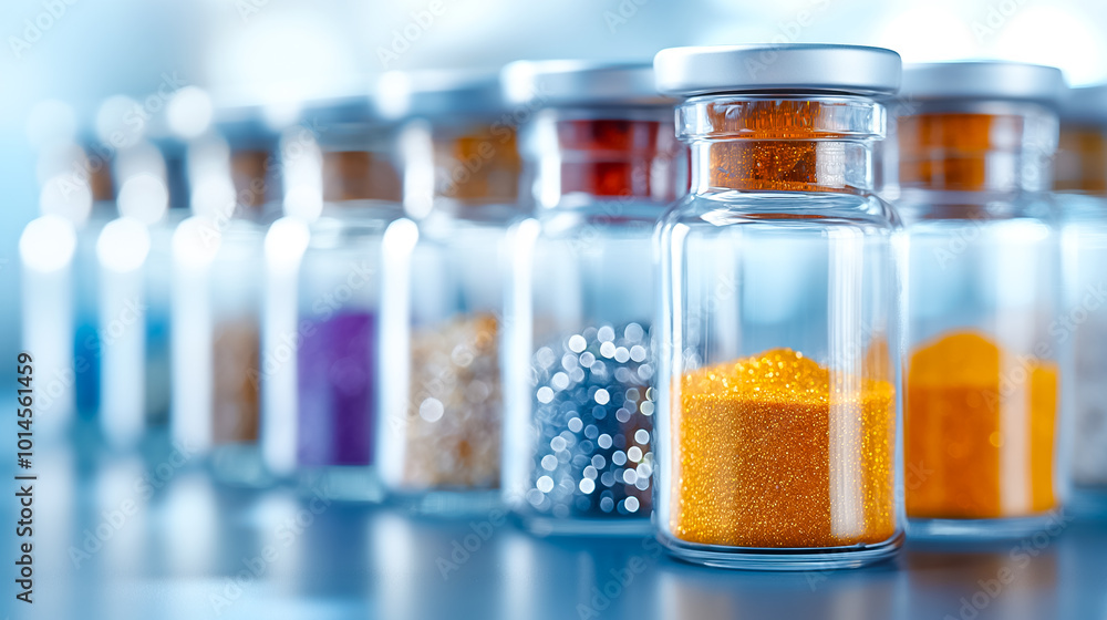 Poster a variety of jars filled with colorful powders sit lined up on a table in a bright studio, highlight