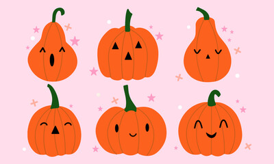 Cute halloween pumpkins collection. Halloween happy pumpkins  illustration with different face. Childish prints trick or treat