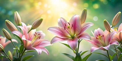 Fototapeta premium Delicate Pink Lilies Bathed in Warm Sunlight, a Symphony of Soft Hues and Gentle Delights