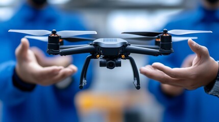 Drone Technology in Action: Close-up of a sophisticated drone hovering between outstretched hands, with blurred figures in blue work suits in the background.
