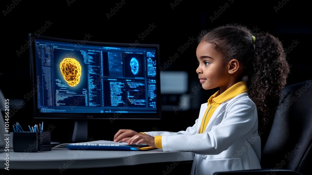 Poster future prodigy: young girl coding on computer