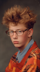 A high school teenage boy posing for a yearbook headshot, featuring a humorous 1980s hairstyle, looking directly at the camera with a retro vibe.
