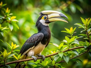 Fototapeta premium In a lush forest setting, the Oriental Pied Hornbill delicately preens its vibrant feathers on a tree, enchanting