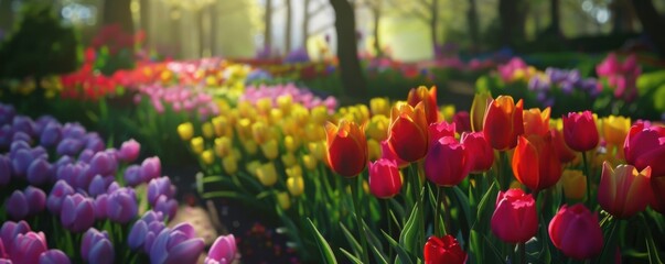 Garden with rows of colorful tulips in spring, 4K hyperrealistic photo,
