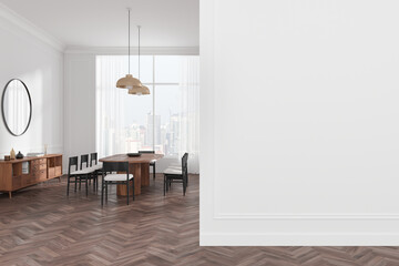 Modern dining room interior with empty white wall for mockup. 3D Rendering