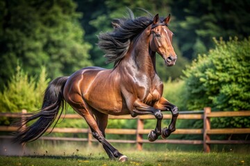 In a paddock, a stunning buckskin stallion runs in slow motion, perfectly embodying the strength and elegance of