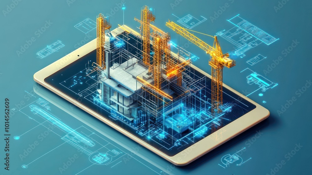 Poster digital tablet with holographic construction site blueprint and cranes