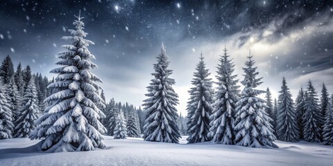 Fototapeta premium In a serene monochrome winter landscape, majestic fir trees stand tall, enveloped in a thick layer of heavy snow, evoking a sense of tranquil beauty.