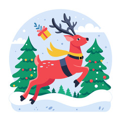 A flat illustration of running christmas reindeer 