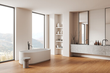 Modern minimalist bathroom with large windows, wooden flooring, and a freestanding bathtub. Neutral color palette enhances the serene atmosphere. 3D Rendering