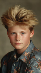 A high school teenage boy posing for a yearbook headshot, featuring a humorous 1980s hairstyle, looking directly at the camera with a retro vibe.
