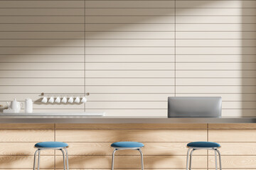 Minimalist kitchen interior with wooden cabinets and stools. 3D Rendering