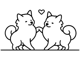 仲良しの2匹の可愛い子犬のシンプルな線画イラスト　透過背景の切り抜き