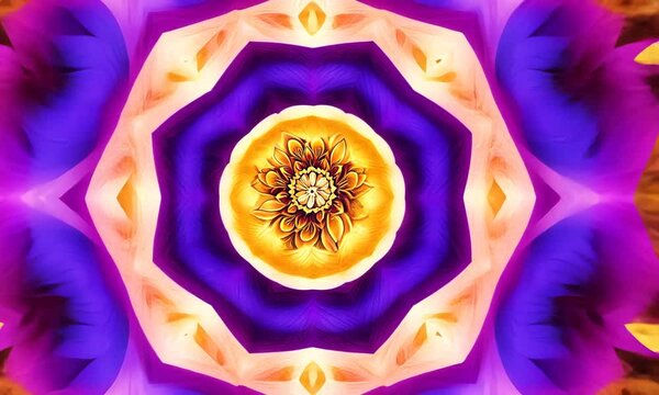 A colorful mandala design with a yellow flower at the center and purple and blue petals surrounding it.