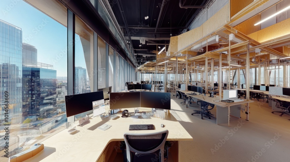Poster modern office workspace with city view and wooden structures