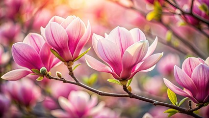 Obraz premium Delicate Pink Blossoms Open in the Gentle Sunlight, Softly Illuminated in a Meadow of Vibrant Spring Growth