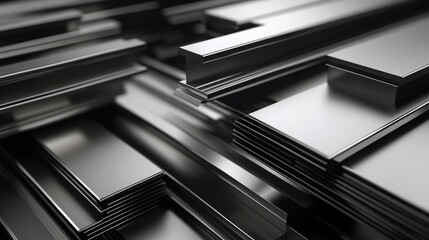 Aluminum or steel profiles background. Stack of aluminum or steel profiles. 3D illustration