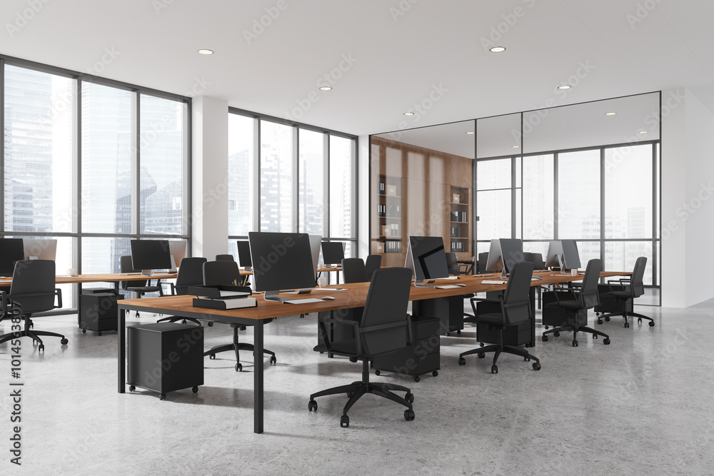 Canvas Prints Modern open-plan office with large windows and city view. 3D Rendering