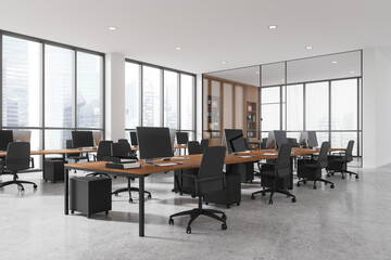 Modern open-plan office with large windows and city view. 3D Rendering