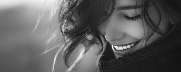 Black and white close-up of a smiling woman's face, captured from above, with a smooth bokeh backdrop, 4K hyperrealistic photo