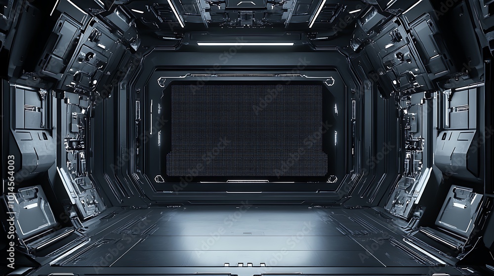 Poster a futuristic spaceship corridor with a blank screen.