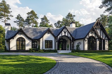 Obraz premium Architectural visualization of a home with ivory lace accents, traditional style, dark cobblestone and oak details, large windows, chalk roof trim, a stamped concrete driveway, and vibrant green grass