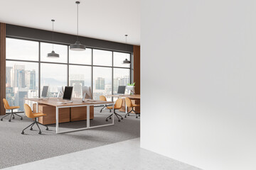 Modern office with empty white wall for mockup template. 3D Rendering