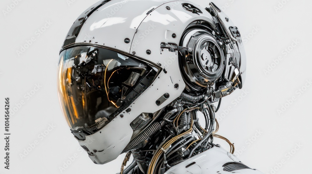 Poster a futuristic robot head showcasing advanced technology and design elements.