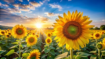 Fototapeta premium Golden Sunflowers Bathed in the Warm Glow of a Setting Sun, Their Vibrant Petals Reaching Towards the Sky
