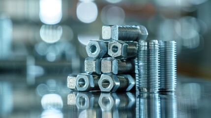 Close-up of Metal Bolts and Nuts on a Reflective Surface