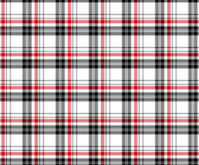 Plaid fabric pattern, white, black, red, seamless for textiles, and for designing clothes, skirts, pants or decorative fabrics. Vector illustration.