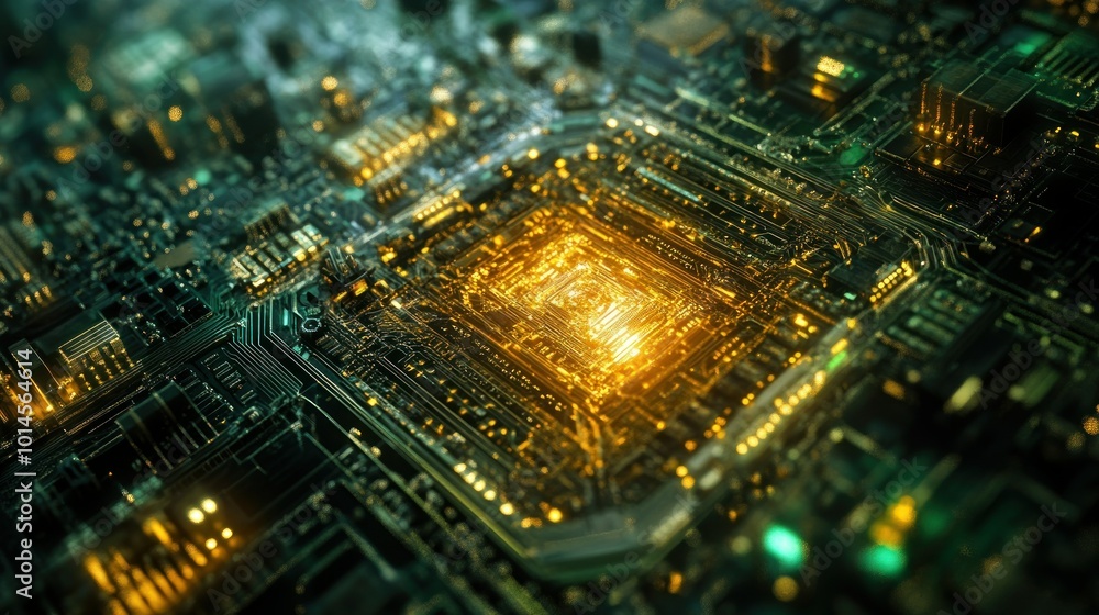 Aufkleber Close-up of a glowing golden processor on a circuit board