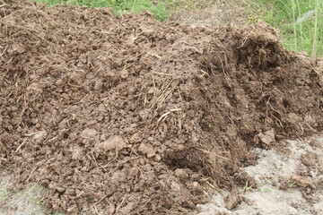 Heap of compost fertilizer on field