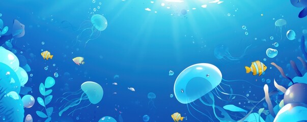 Cheerful cartoon jellyfish and fish in the sea, thick outlines, simple details, no shading, 4K hyperrealistic photo