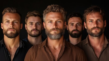 A group of men with beards are standing together. They are all wearing brown shirts. Concept of camaraderie and unity among the group