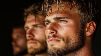 Fototapeta premium Two men with short hair and beards are standing next to each other. One of them has a beard that is slightly longer than the other