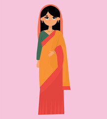 Indian woman in traditional Indian attire, with veil, and clothes in bright colors