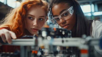 Two Female College Students Building Machine In Science Robotics Or Engineering Class 